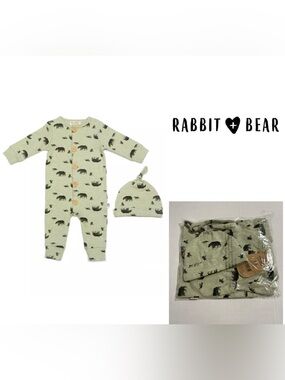 🆕RABBIT + BEAR ORGANIC - 3/6M - NWT - INFANT BOYS 2PC WOODLAND BEAR COVERALL SET